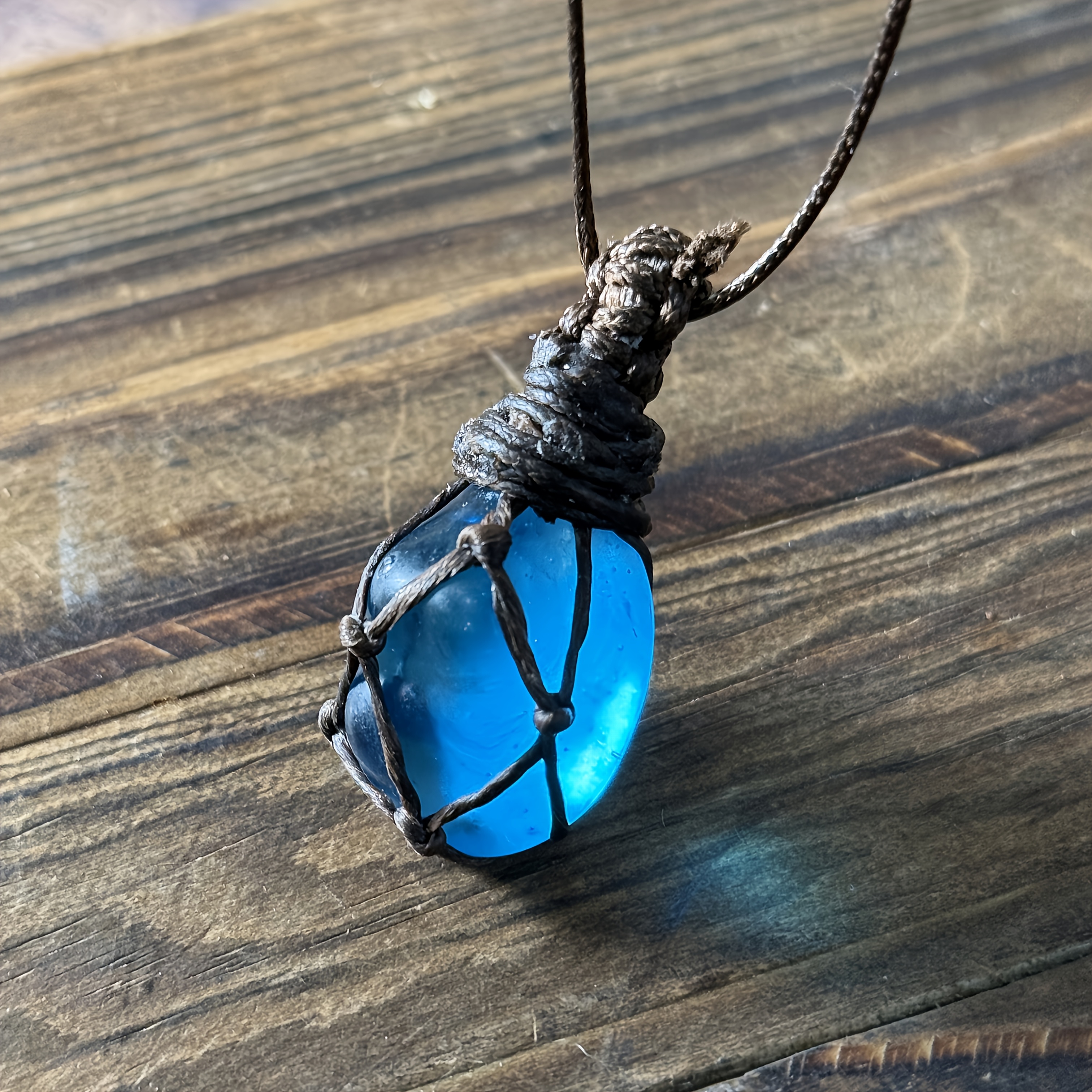 Handmade Vintage Natural Blue Glazed Pebble Pendant Necklace
