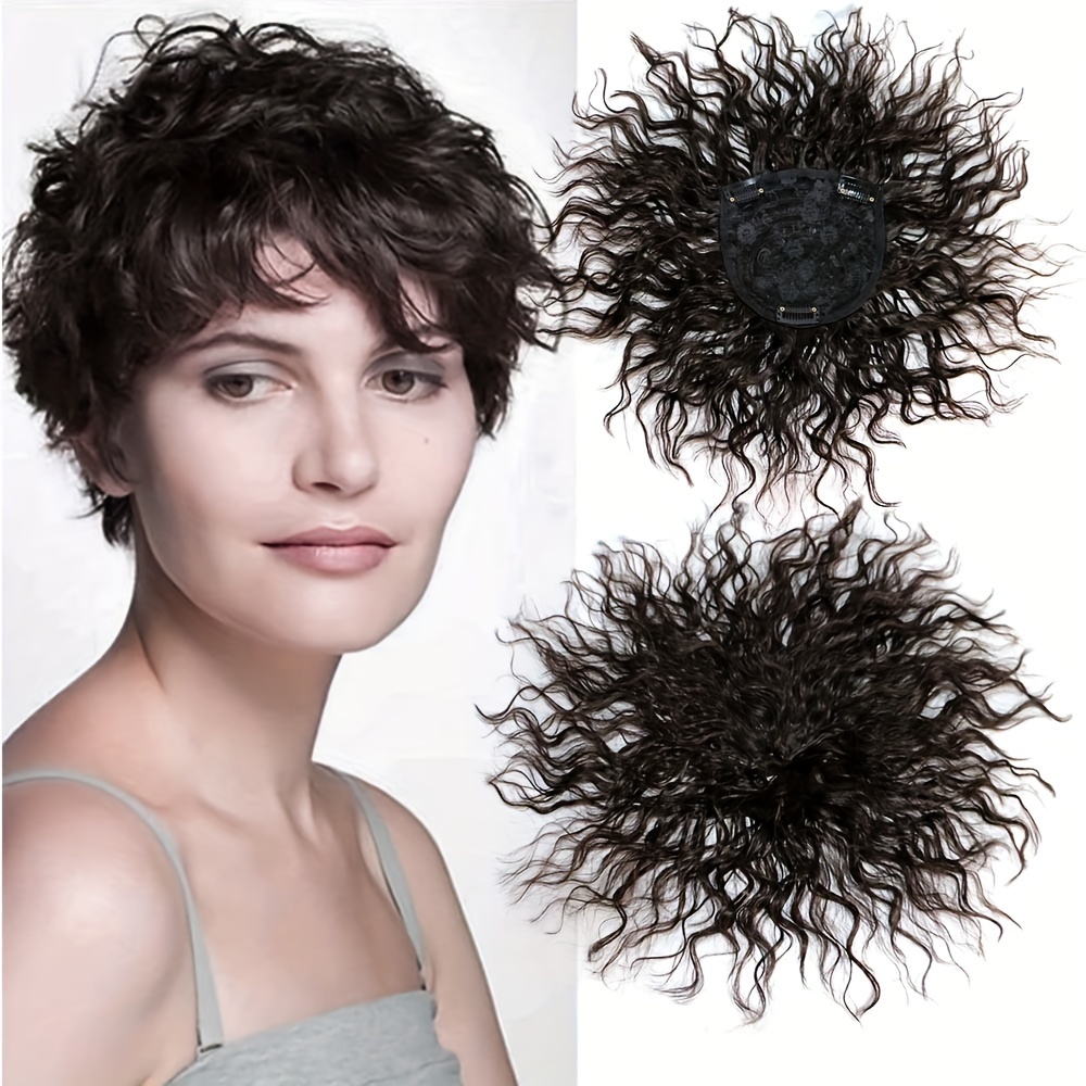 TEMU Topper di capelli sintetici corti e ricci da 6 pollici, topper di e soffici con clip, toupet, capelli di ricambio, wiglets, topper ondulati per