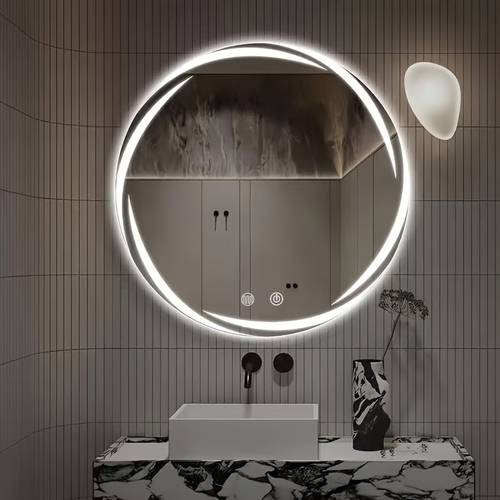 20 inch smart bathroom round with lighting design of switching between high definition surface back frame using mother and son hook for easy hanging