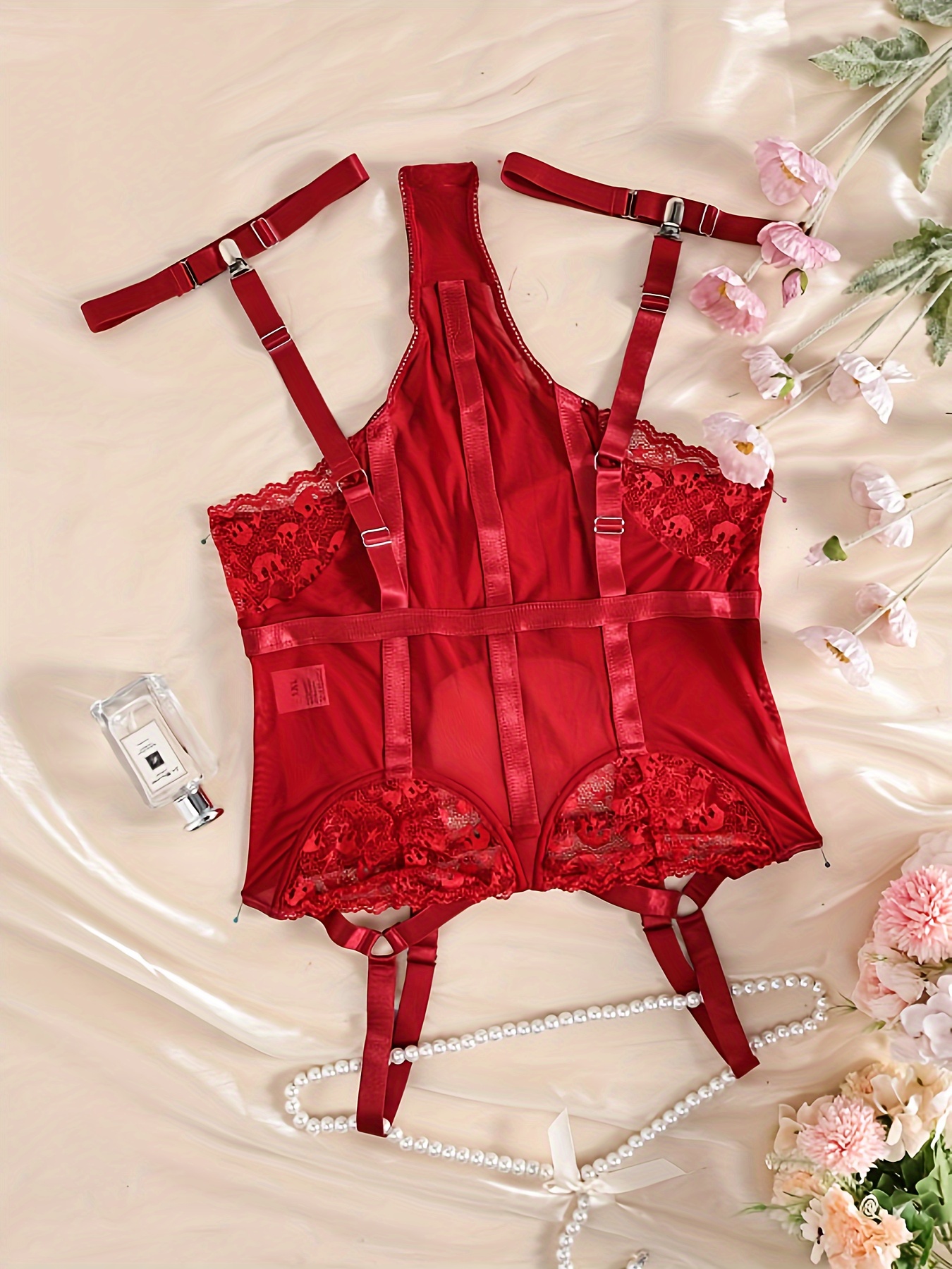 Plus Size Valentine's Day Sexy Lingerie Bodysuit, Women's Plus Contrast  Heart Lace Underwire Cut-out Teddy Bodysuit