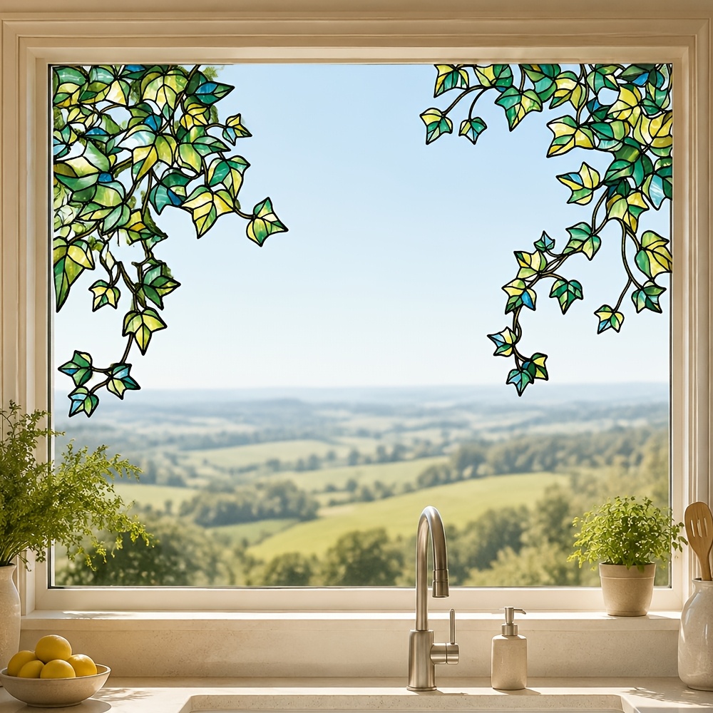 TEMU Stained Glass Ivy Window Cling, Evergreen Green Foliage Plant Decor, Adhesive-free Static Reusable Pvc Sticker, Home Window , Home Kitchen,