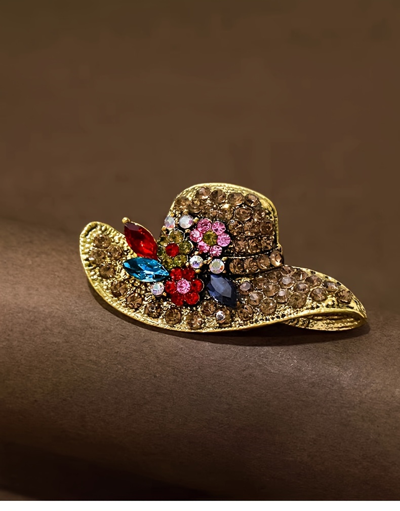 vintage style hat alloy brooch pin inlaid shiny rhinestone elegant temperament sweater coat dress accessories details 2