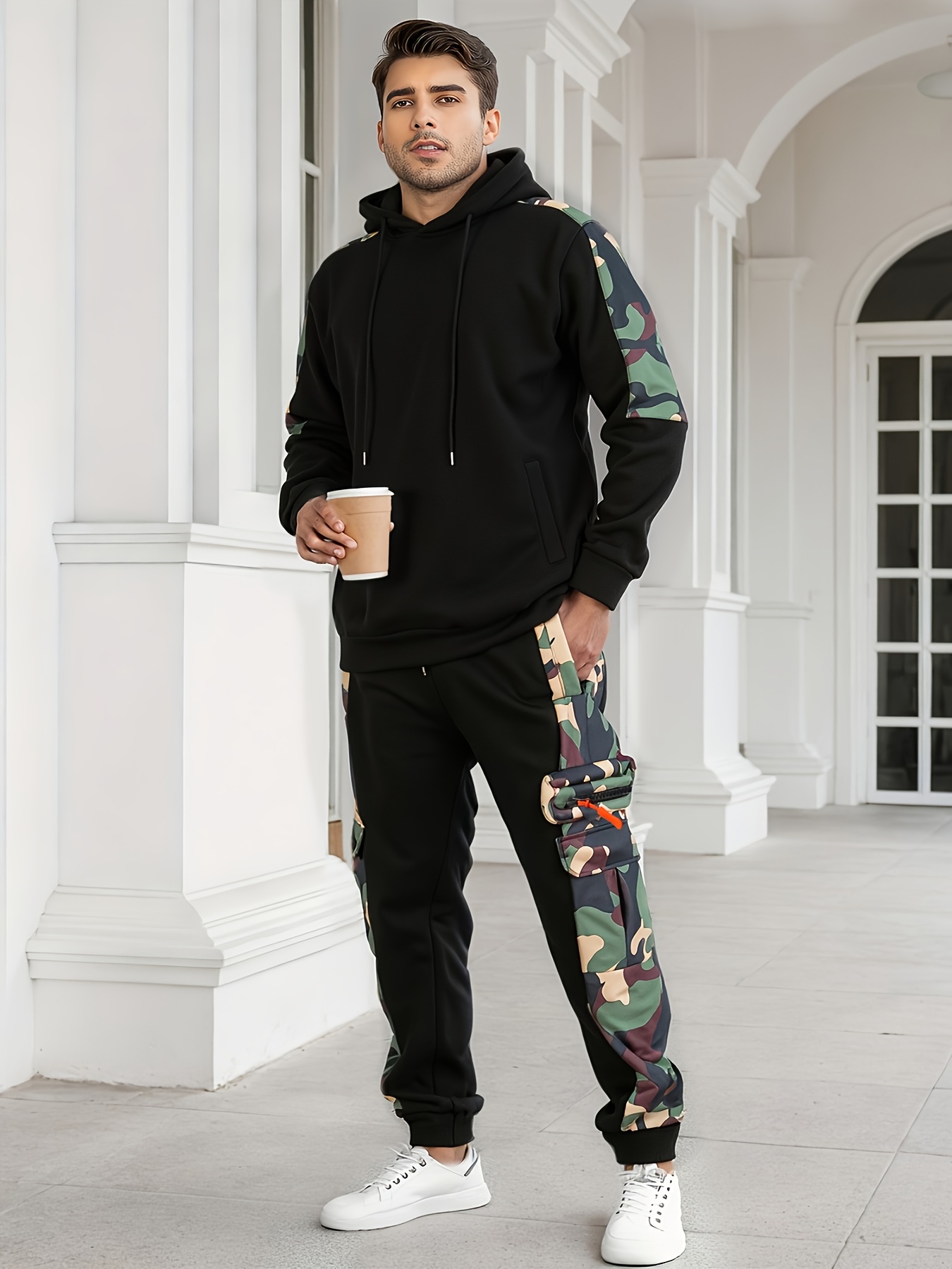 European and American Men s winter heavyweight fleece Men s casual suit loose sports multi pocket workwear set
