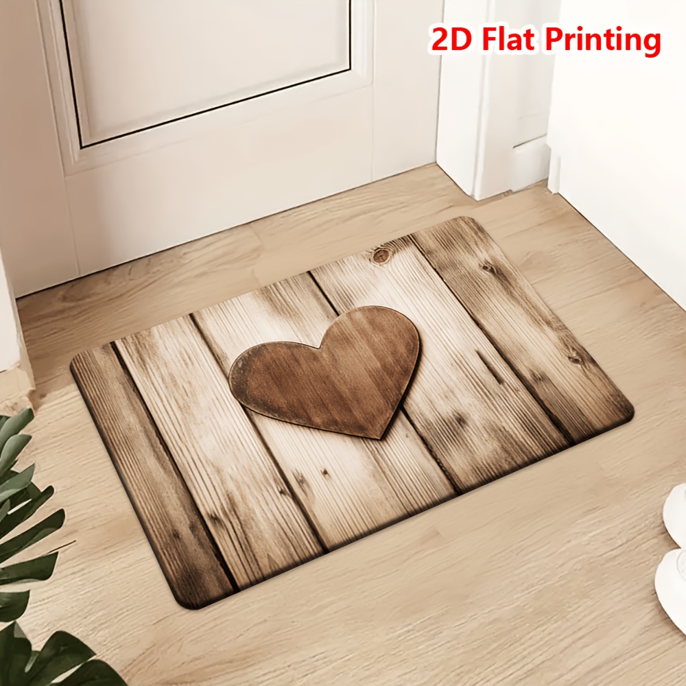 TEMU 2d Flat Printing 1pc Door Mat Wooden Heart Hd Printed Pattern Rug, Soft Fleece Door Mat Romantic Elegant Bathroom Atmosphere, Indoor/outdoor
