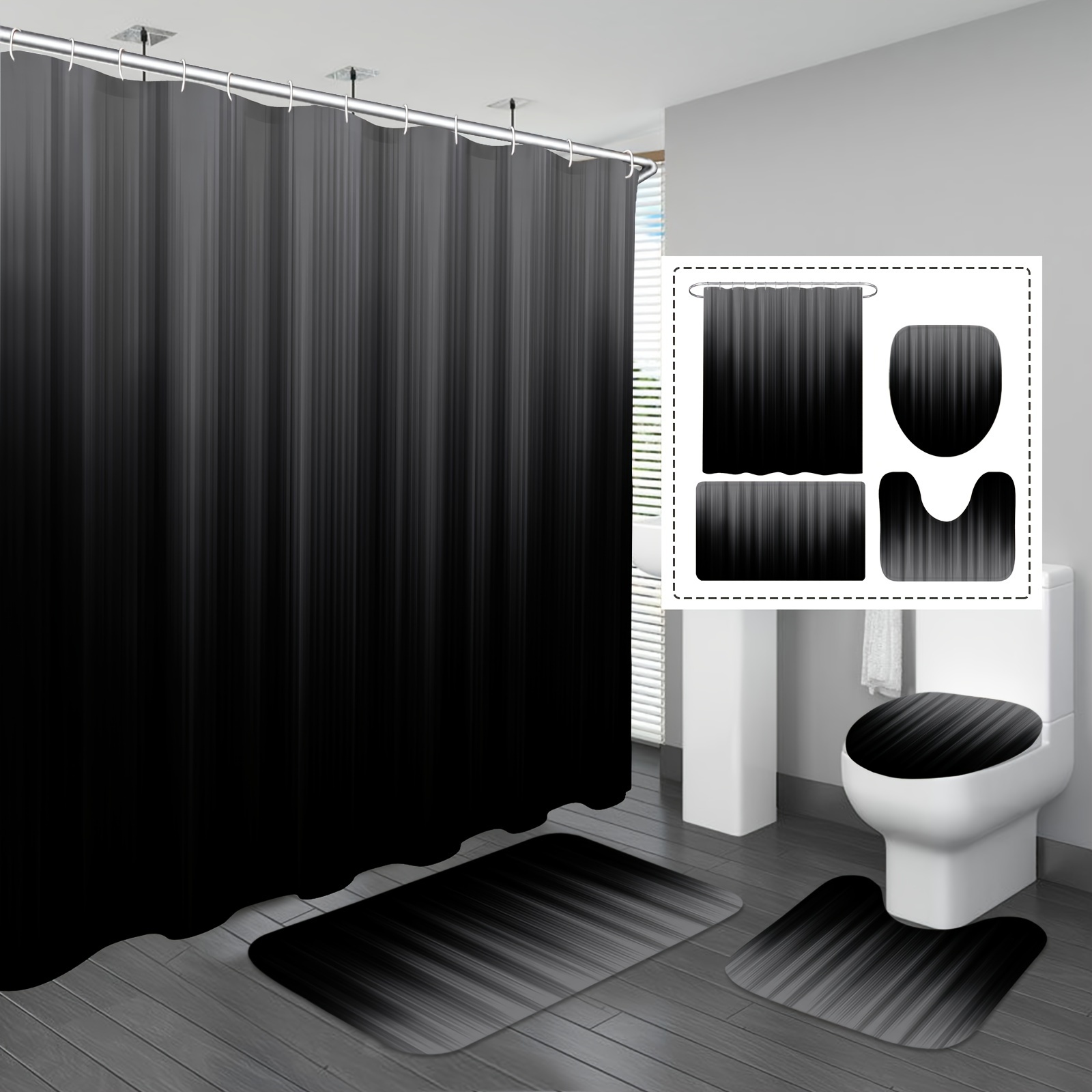 Cortina de ducha de poliéster resistente al moho Tela lavable negra Cortinas  de baño impermeables grandes