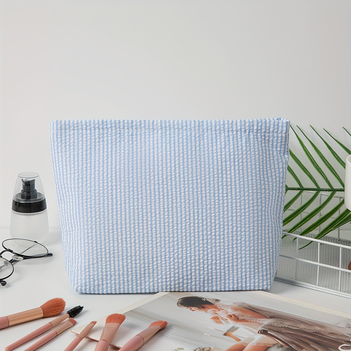 TEMU 1pc Seersucker Makeup Bag - Indian-style Hand-held Large Capacity Toiletry Organizer With Embroidered Vertical Stripes, Options For Travel & Daily Use - Unisex Adult
