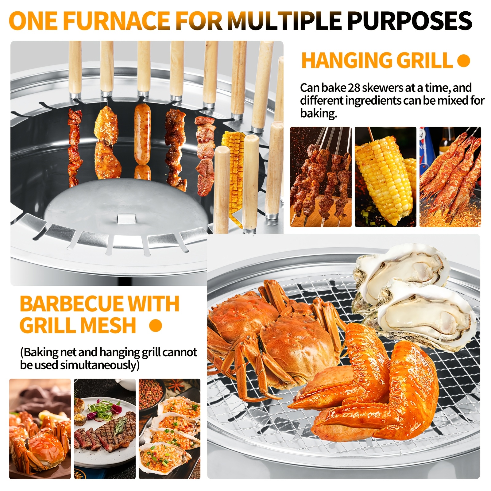 portable smokeless charcoal barrel grill smoking grill smokeless fire pit stainless steel wraparound grill with 28 skewer racks cooking grid and drip tray barbecue tool set 15 4 inch diameter christmas gift for parties picnics and camping details 2