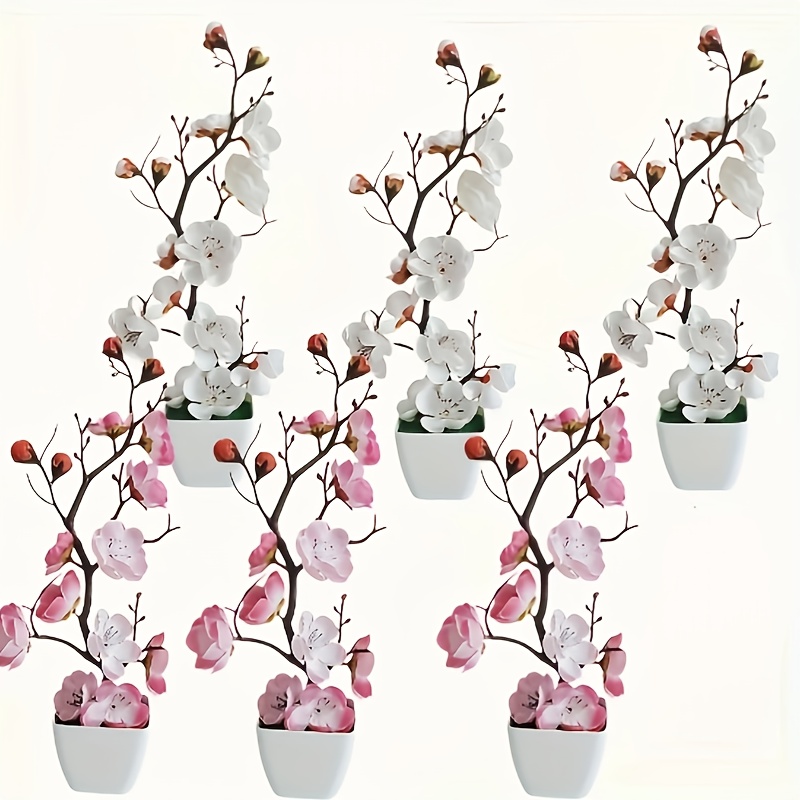 Image of 6pcs Set Of Mixed Color Artificial Plum Bonsai, Artificial Flowers, Suitable For Bedroom Desktop Decoration, Study Decoration, Dresser Decoration, Windowsill Decoration. 3 Pink + 3 White