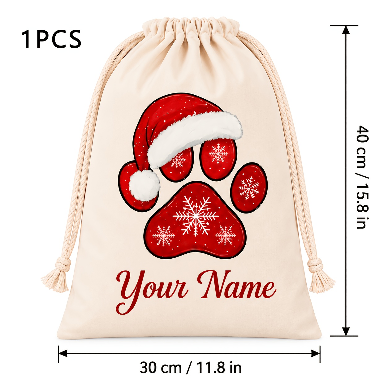 TEMU de Noël personnalisé avec nom pour animal de compagnie, sac à cordon avec bonnet de Père Noël et de patte, sac de rangement de cadeaux de fêtes