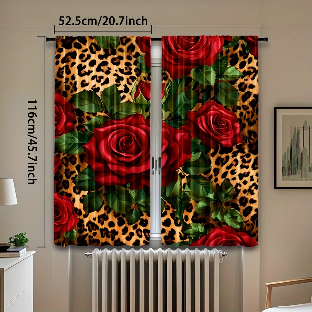 TEMU 2pcs, Hd Digital Printed Leopard Pattern Curtains With Rose Effect, Rod Pocket Drapes For Living Room, Bedroom, And Study, Ideal For Home Decor