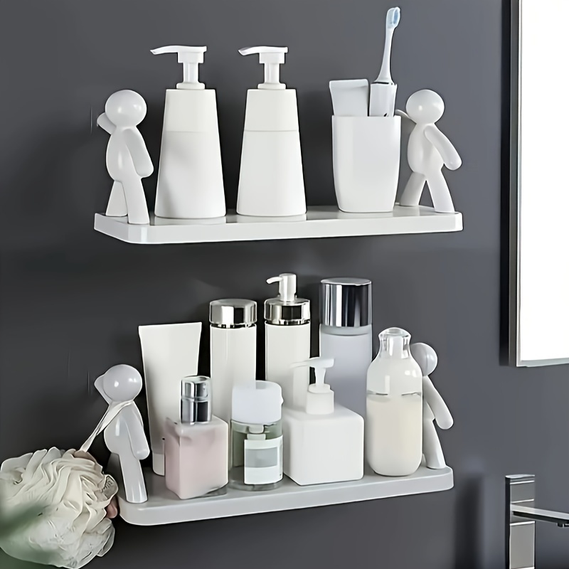 

2pcs/1pc Cute White Small Men's Wall Mounted Storage Rack - No Drilling Required, Bathroom And Kitchen Organization, Cosmetics Storage, Room Decoration