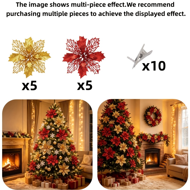 TEMU 20pcs Shiny Poinsettia Artificial Flowers, Red & Golden Hollow Christmas Poinsettia Arrangement With Clips Set, Winter Christmas Wreath, Garland