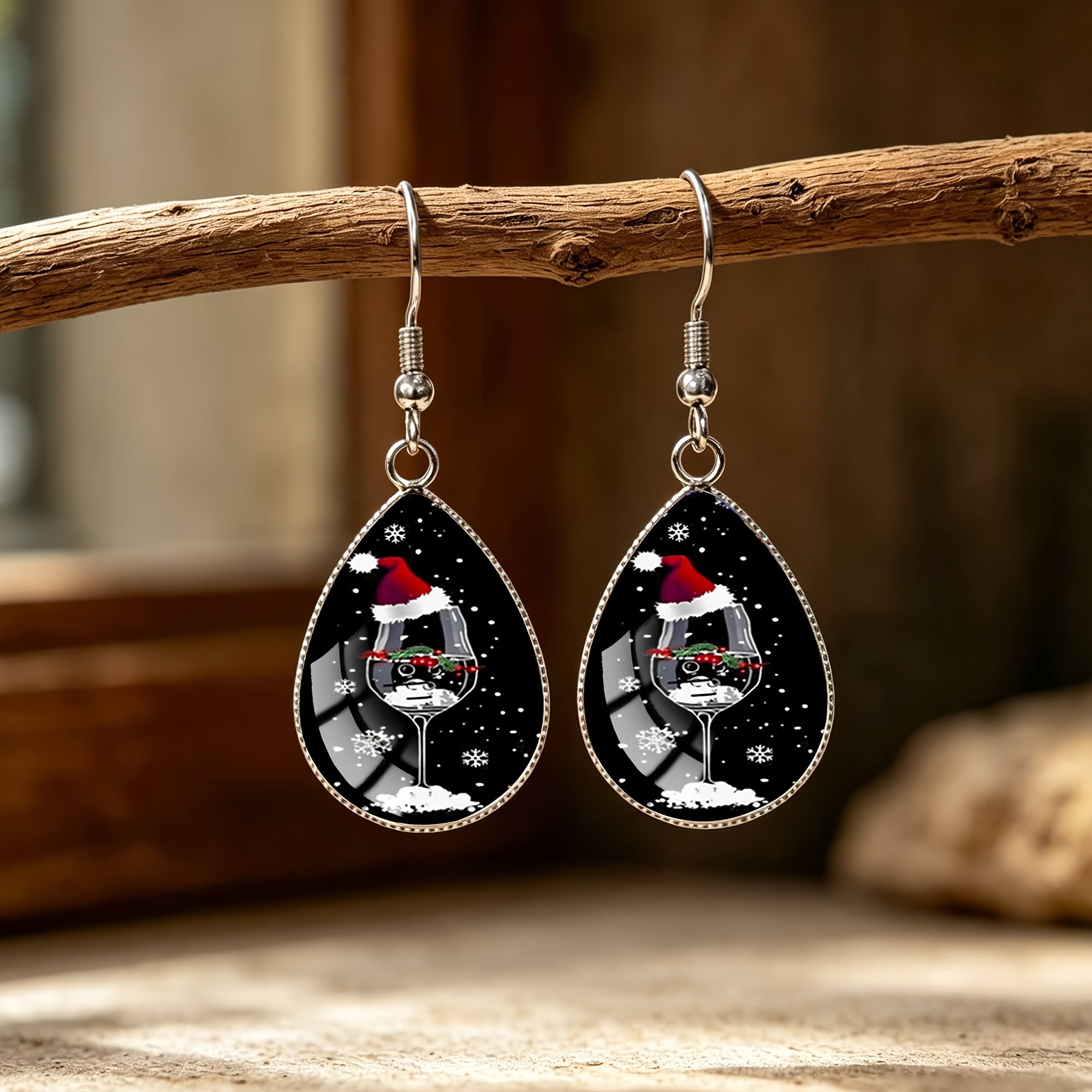 Black-based Santa Hat Wine Glass Pattern Teardrop Earrings