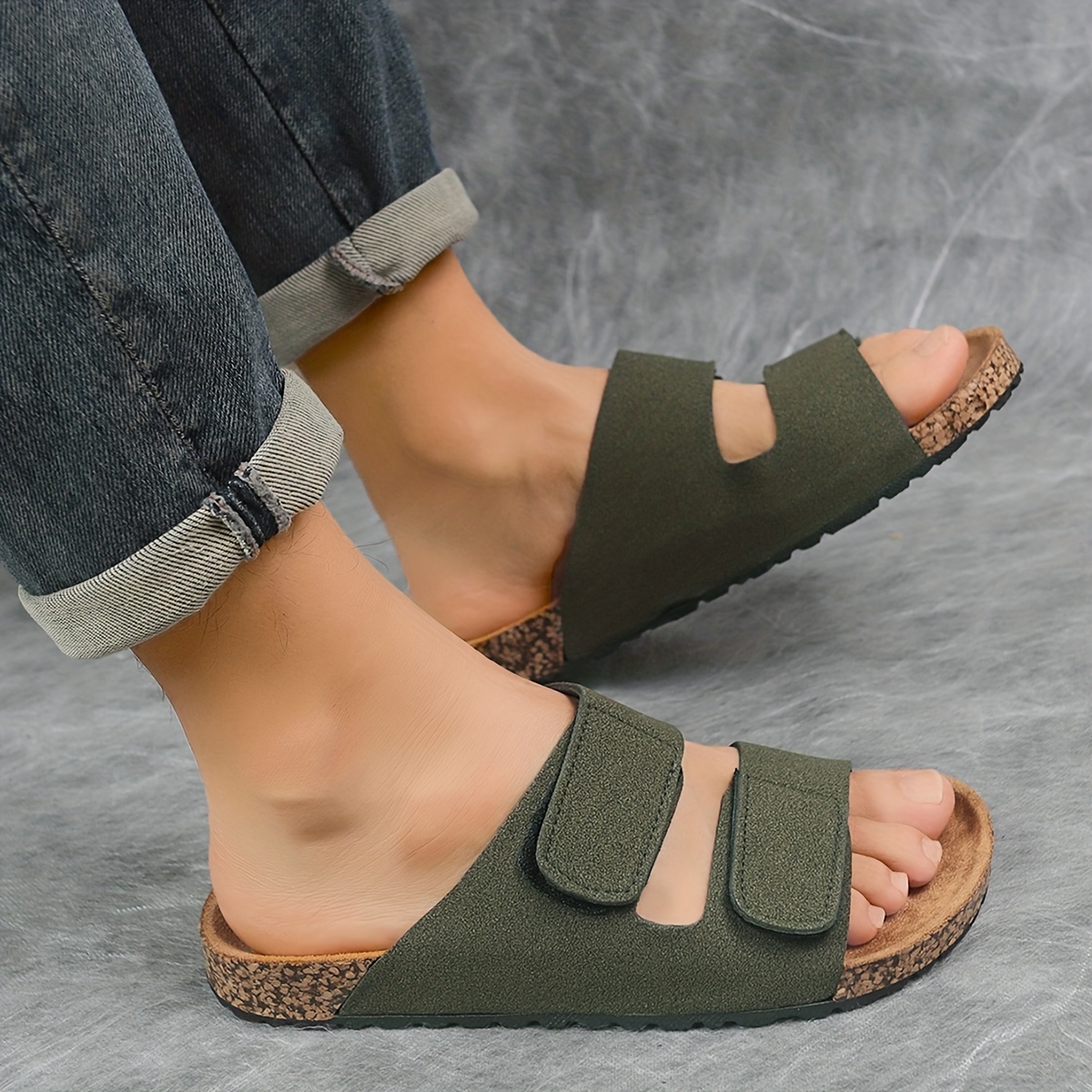 Image of Men's Adjustable Wide Slippers With Dual Strap - Sole & Synthetic Upper, Round Toe Slip- Sneakers Suitable For /outdoor Use, Cushioned Sole For, Office, Casual Wear - /pu Sole