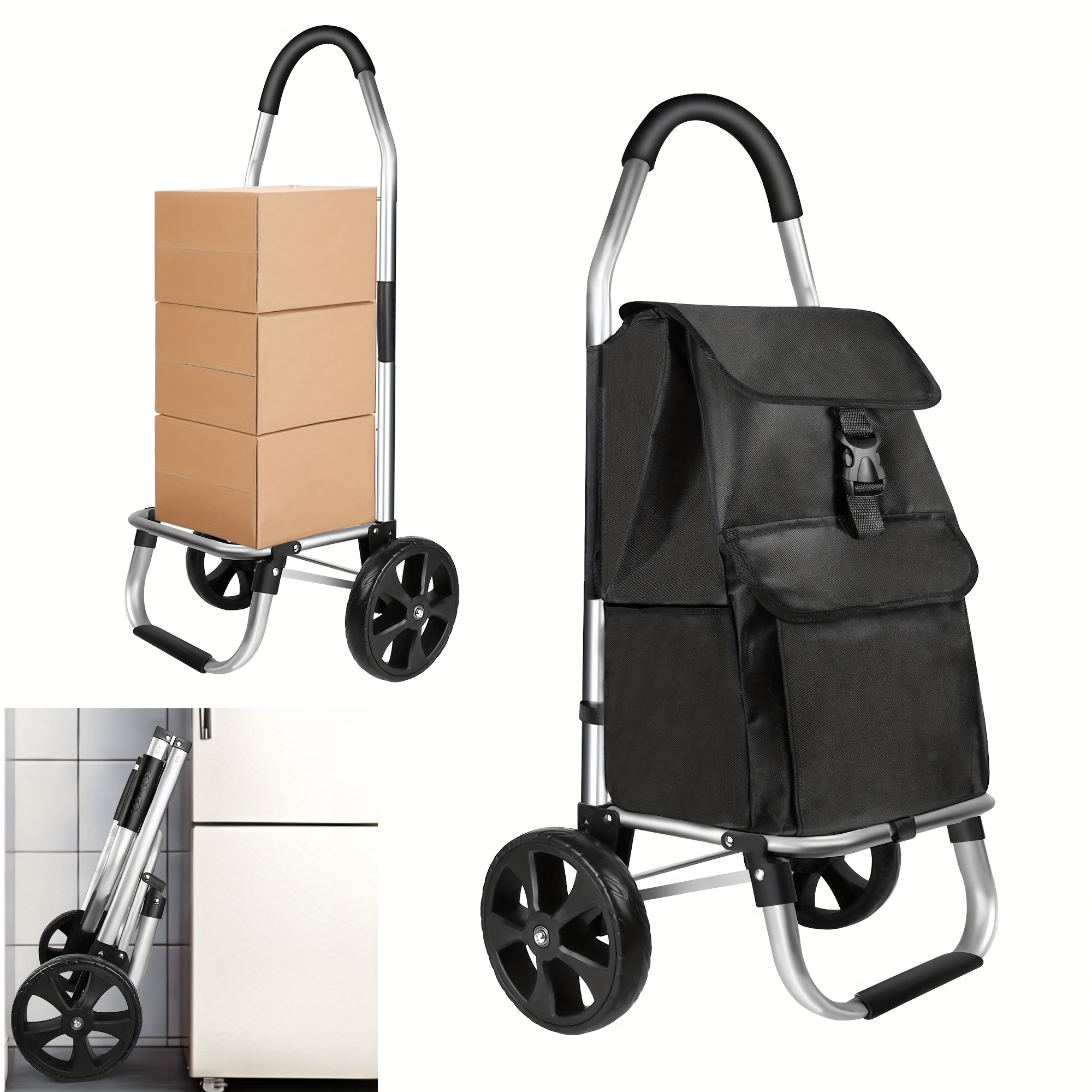 Image of Trolley On , Aluminium Lightweight Shopping Cart With Detachable Bag, Stair Climbing Grocery Trolley, 40l, , Black