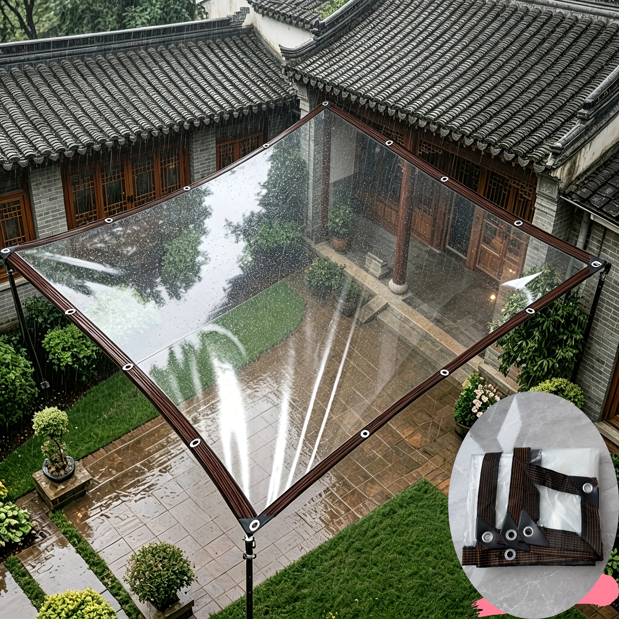 TEMU Bâche transparente imperméable et coupe-vent avec œillets intégrés, double usage pour pare-soleil et contre pour jardin, balcon et terrasse,