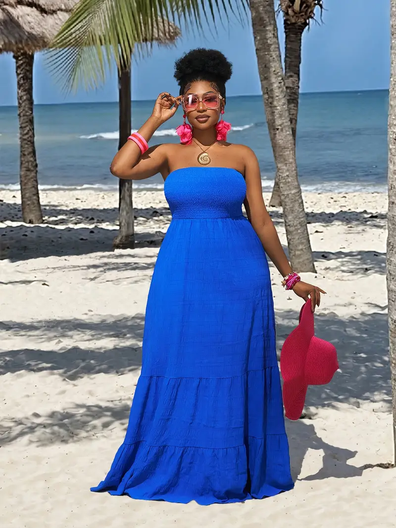strapless beach dress plus size HDE Women's Strapless Maxi Dress Plus Size Summer Sundress Smocked Tube Top Long Skirt Dress Boho Beach Cover Up Beach Boho