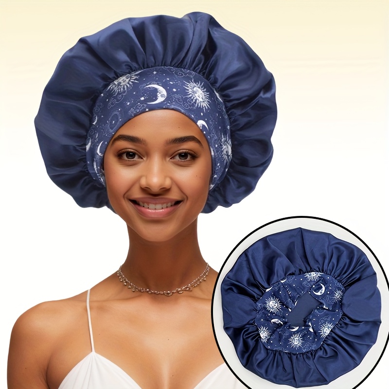 TEMU 1pc Moon And Star Stain Bonnets For Women, Wide Brim Elastic Band Printed Sleep Cap, Satin Bonnet For Sleeping, Suitable For Curly And Straight