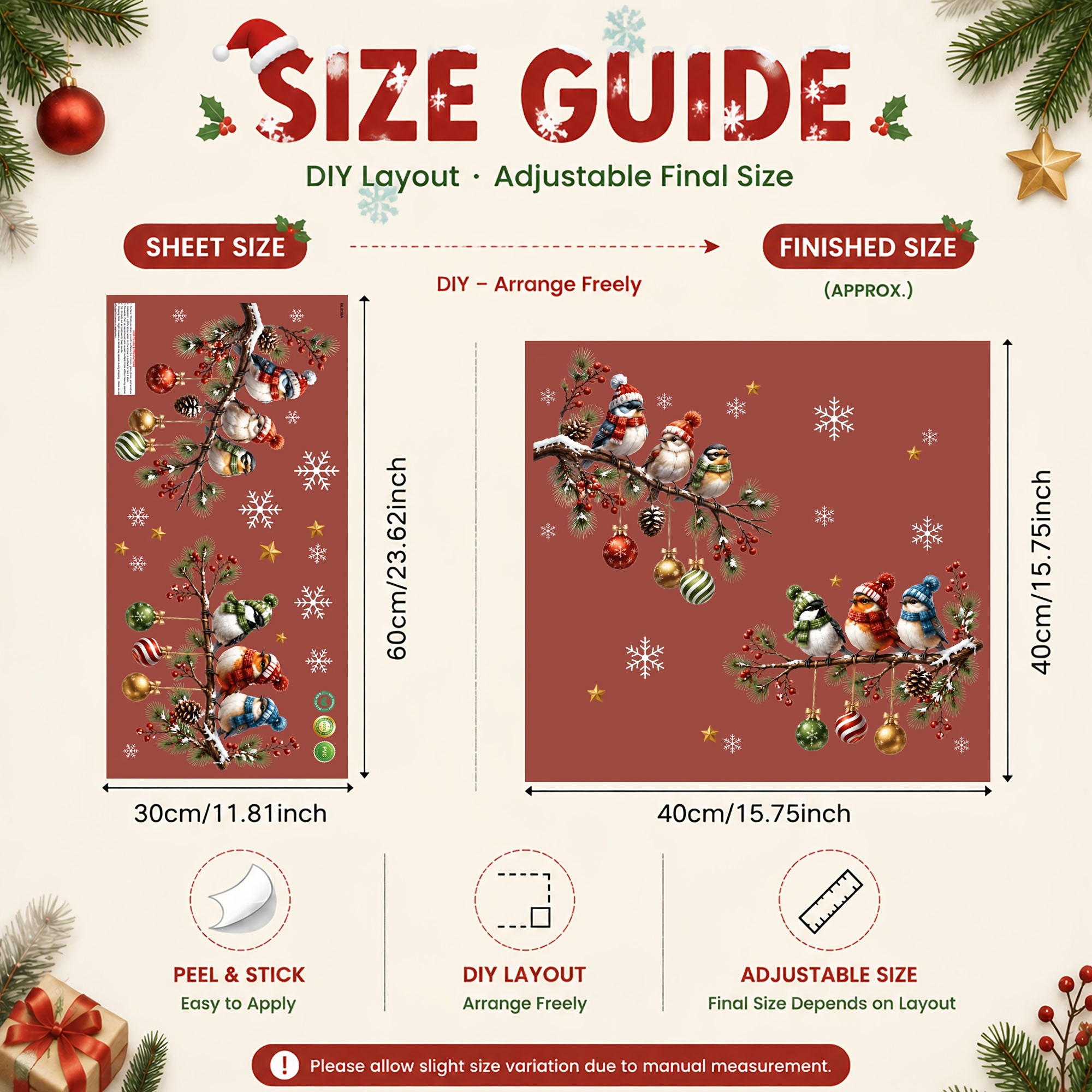 TEMU 1pc 30 X 60cm Christmas Birds Branch Window Stickers Snowflake Bauble Static Cling Decals Glass Wall Decor