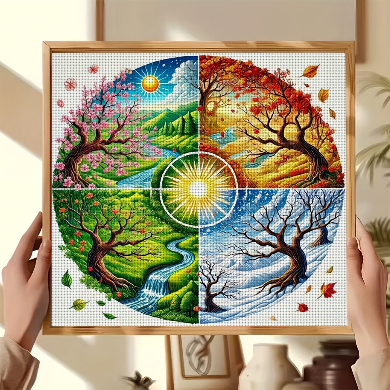 TEMU 1pc Printed Cross Stitch Kit | Frameless, " Landscape" Design, Ideal For Beginners, Includes Canvas, Thread, Pattern, And Instructions, Perfect