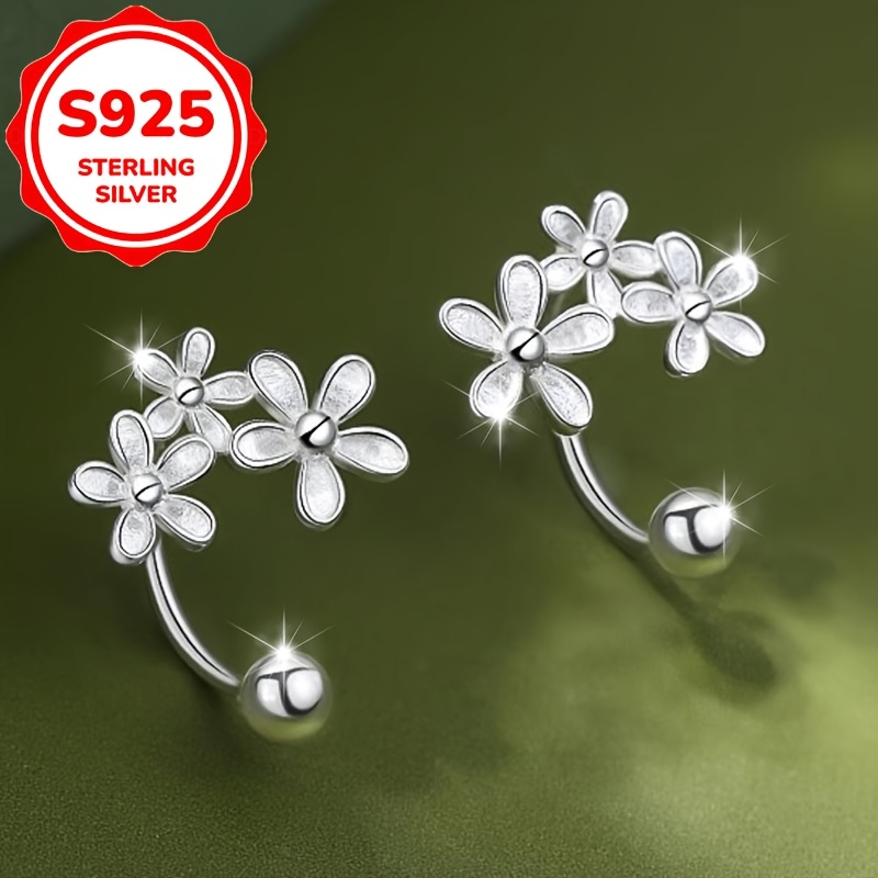 TEMU 2pcs Women's Fashion Individual Stud Earrings S925 Silver Flower Earrings Niche Design Women's Gift For Best Friend, Party Gift, Suitable For