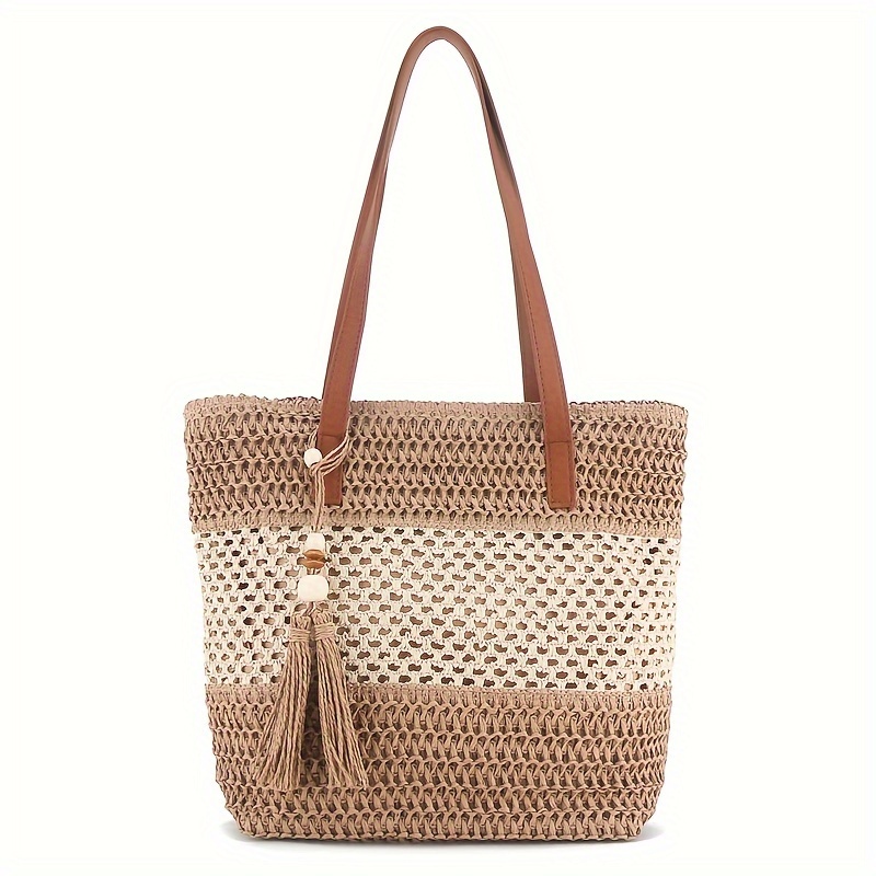 

Elegant Straw Tote Bag For Women - Summer Beach Vacation Shoulder Bag With Tassel Accent, Lightweight, Zip Closure, Polyester Lined, Design With Brown Leather Handles, Beach Bag