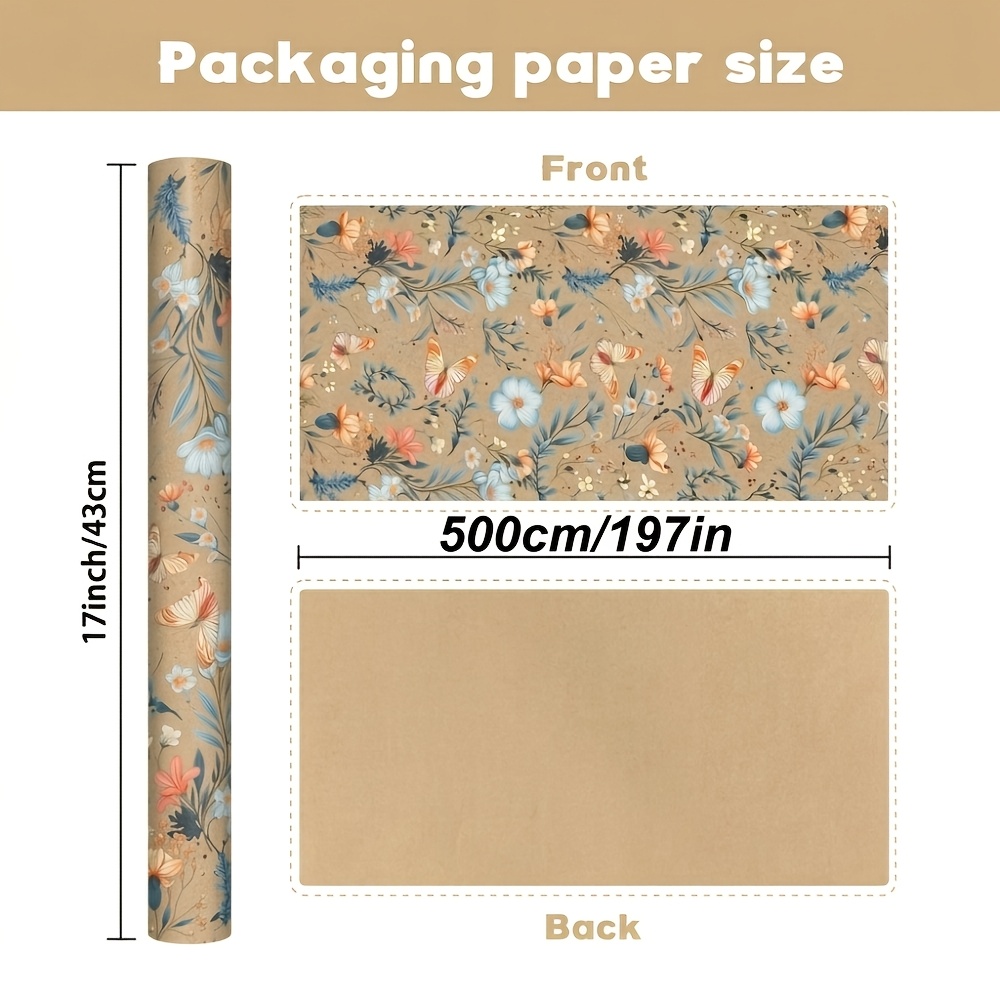 E-shop Vintage Blumen- und Schmetterlings-Geschenkpapierrolle, braunes -Geschenkpapier, geeignet für Geschenkboxen, Geburtstage, Vor-Verlobungsfeiern,