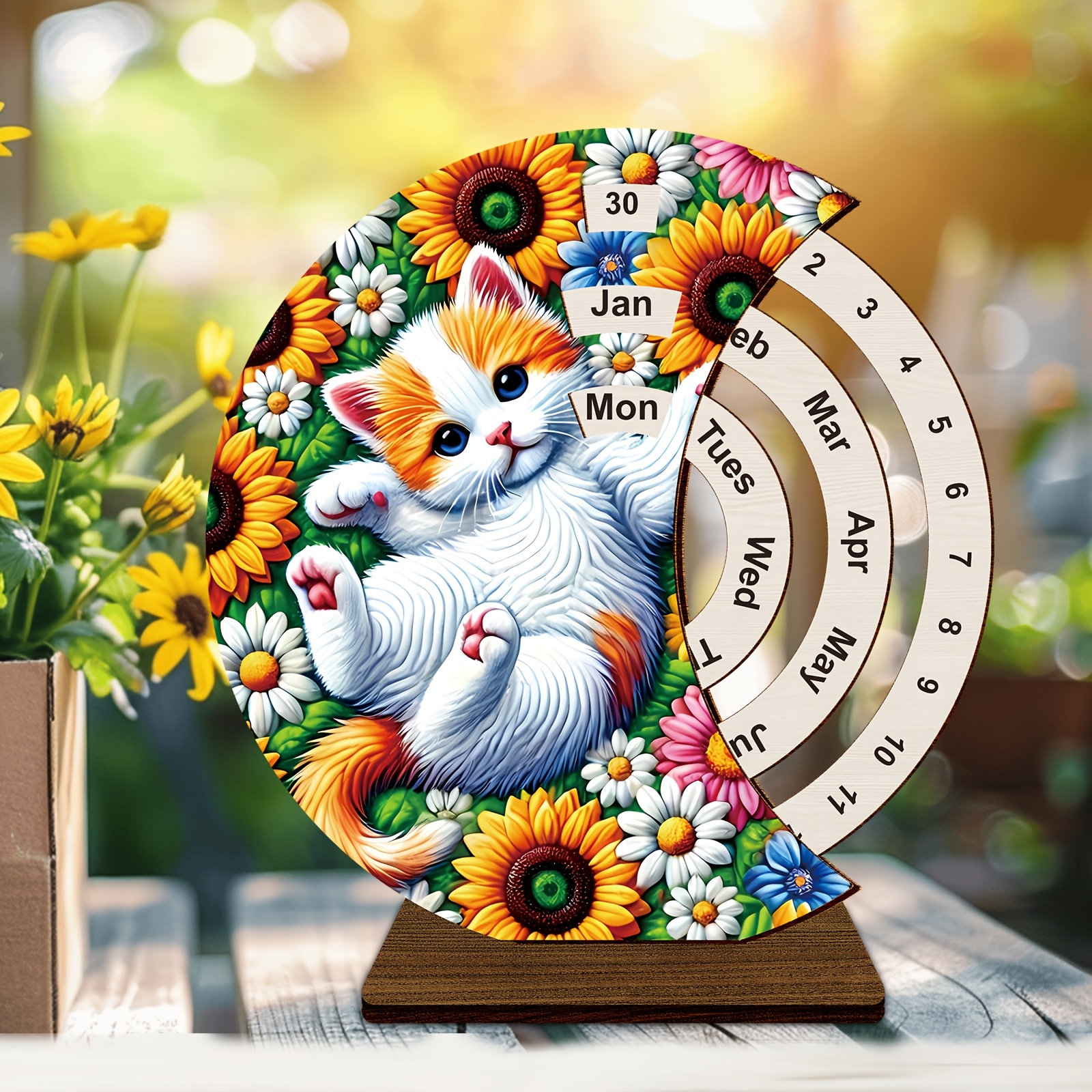 

Handcrafted Wooden Cat & Calendar - Artistic Desk Decor For Home And Office, Rotating Design, Room Decor