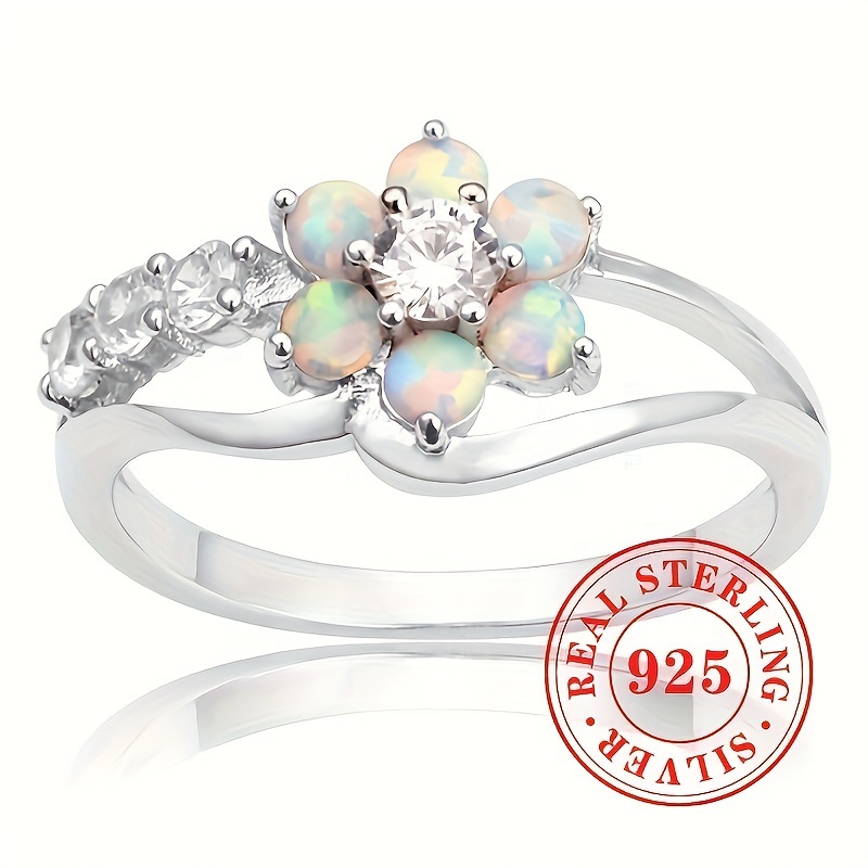 

S925 Sterling Silver Ring Inlaid Zircon Artificial Gemstone Synthetic Opal Flower Ring 2.7g For Women Daily Casual Party Jewelry