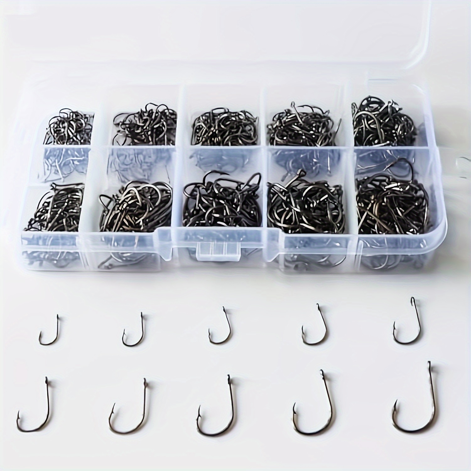 TEMU 100pcs Carbon Steel Barbed Hooks Set, Assorted Sizes 3-12, Strong Sharp Sea Fishing Hooks, Grey,