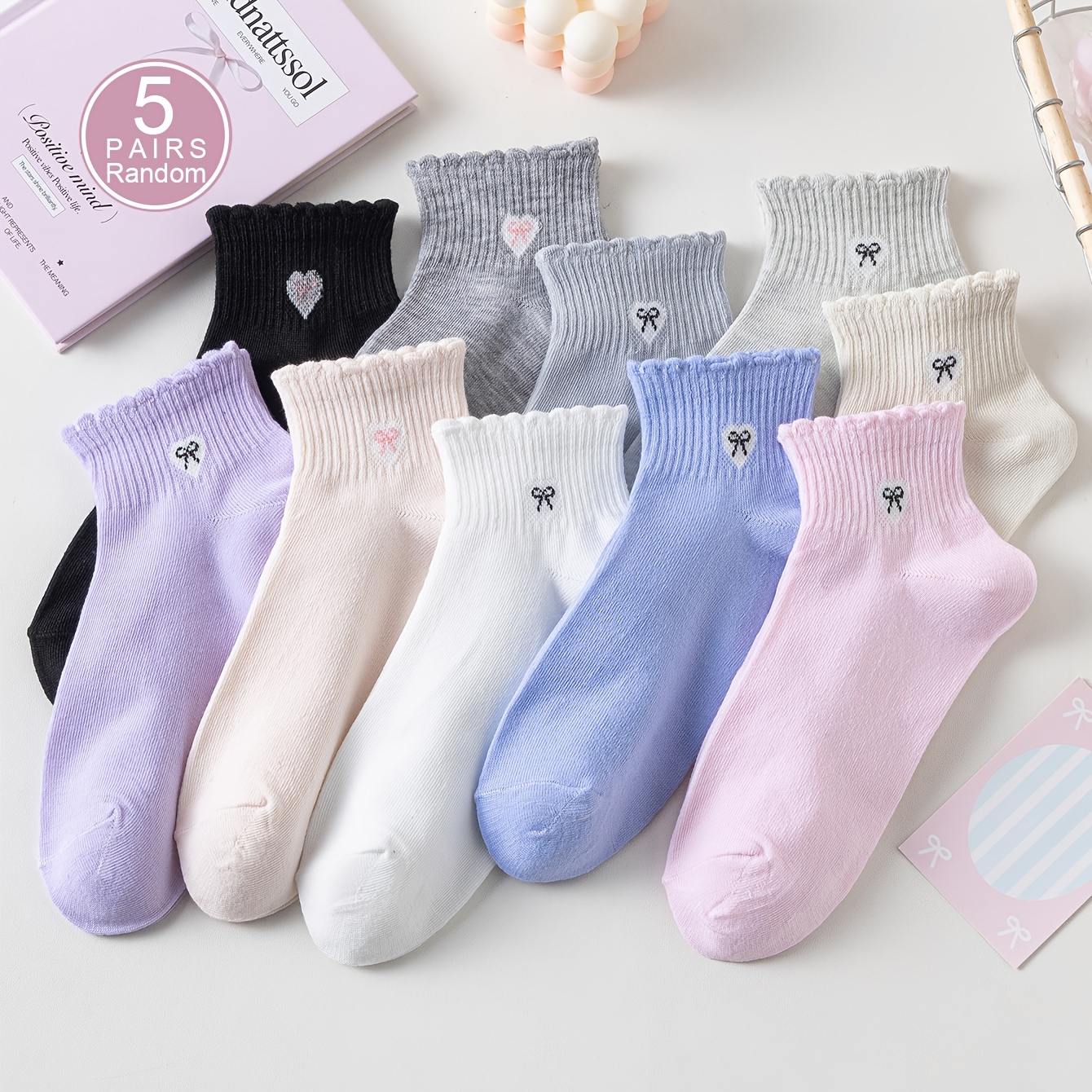 TEMU 3/5 Pairs Women's Random Love Bow Fashionable Solid Color Low Top Bubble Mouth Socks, Soft, Comfortable, Breathable, Versatile In , Suitable For