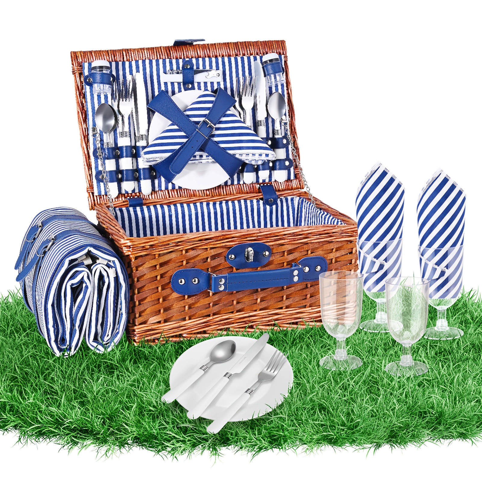 Picnic Basket Set For 4 With Blanket, Handmade Hamper For Camping, Outdoor, Party, Beach And (blue) Non-food Direct Contact