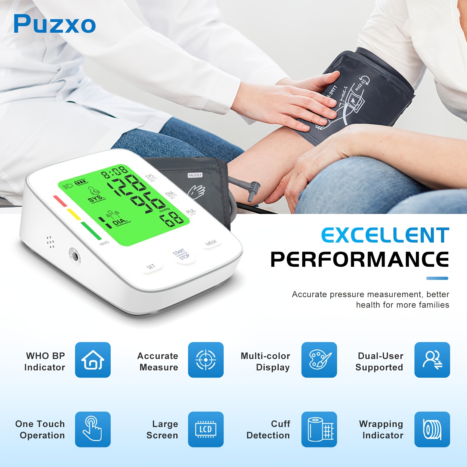 Monitor: Heart Rate Monitoring + Large Cuff, 120 Memory Sets, Large Three-Color Backlight, Dual Power Supply Portable Design, Blood Pressure And Heart Rate Detector for Home Health Monitoring. Includes 4 Batteries