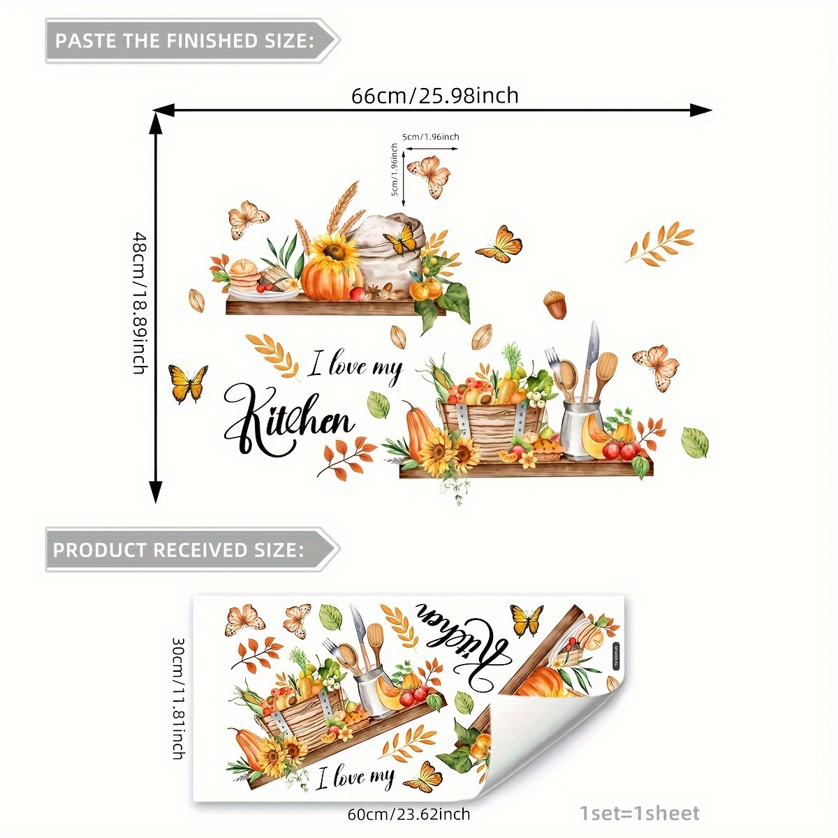 1pc (30 X 60cm) English Kitchen Autumn Pumpkin Sunflower Knife And Fork Vase Wall Sticker Background Wall Kitchen Decoration Wall Sticker Self-adhesive (m14005-kl)