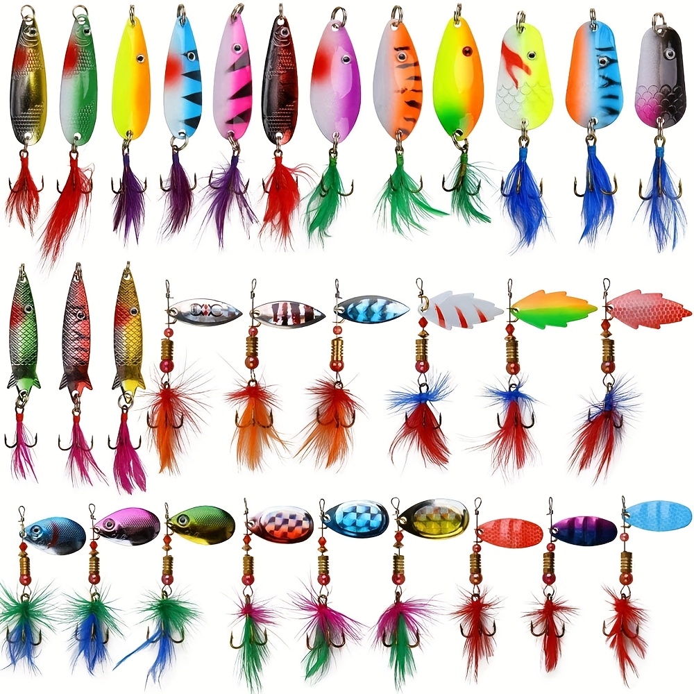 TEMU Set Of 30 Fishing Lures Including Spinner Baits For And Trout, Made Of Hard Metal, Suitable For Pike, Salmon, And Walleye In Freshwater And