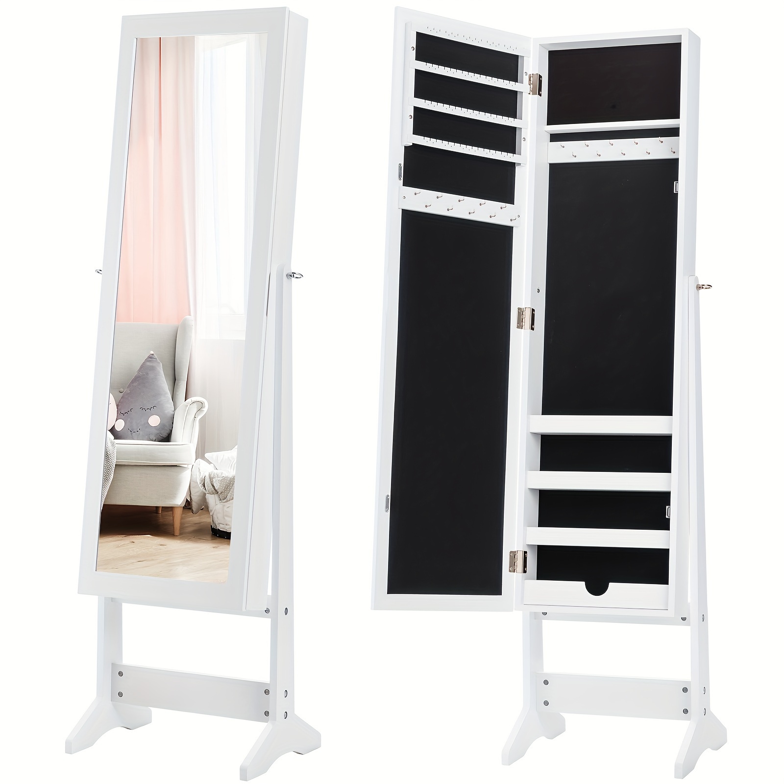 

Freestanding White Jewelry Armoire With Full-length Mirror, Velvet Lined Storage Organizer Cabinet, Elegant Christmas Gift Idea