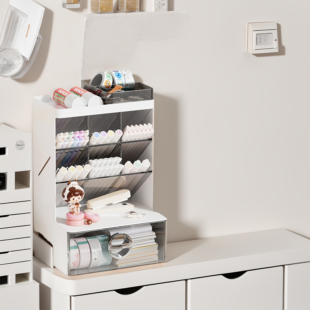 Multi-Functional Plastic Desk Organizer with Polished Finish, Lightweight Office Storage Box with Pen Holder and Compartments, Ideal for Essentials in Office and Dorms, Cosmetic Organizer