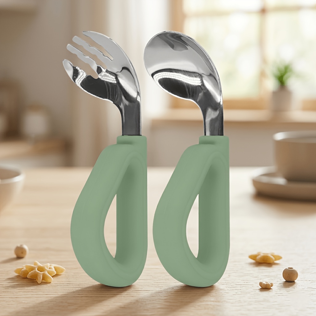 TEMU Toddler Utensils Triangular Grip Fork And Spoon Set, 304 Stainless Steel Tableware With Silicone Non-slip Handle, Baby Self-feeding Tableware