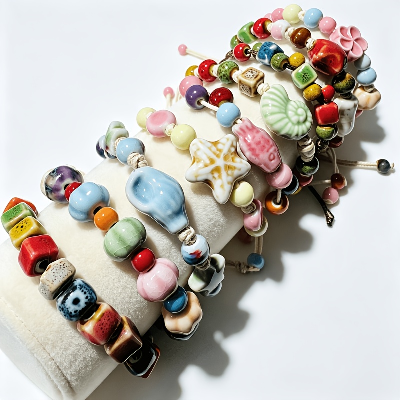 TEMU 9pcs Handmade Ceramic Beaded Bracelet Set, Adjustable Boho Bracelets With Mixed Shape Colorful Ceramic Beads, Stackable Jewelry For Women