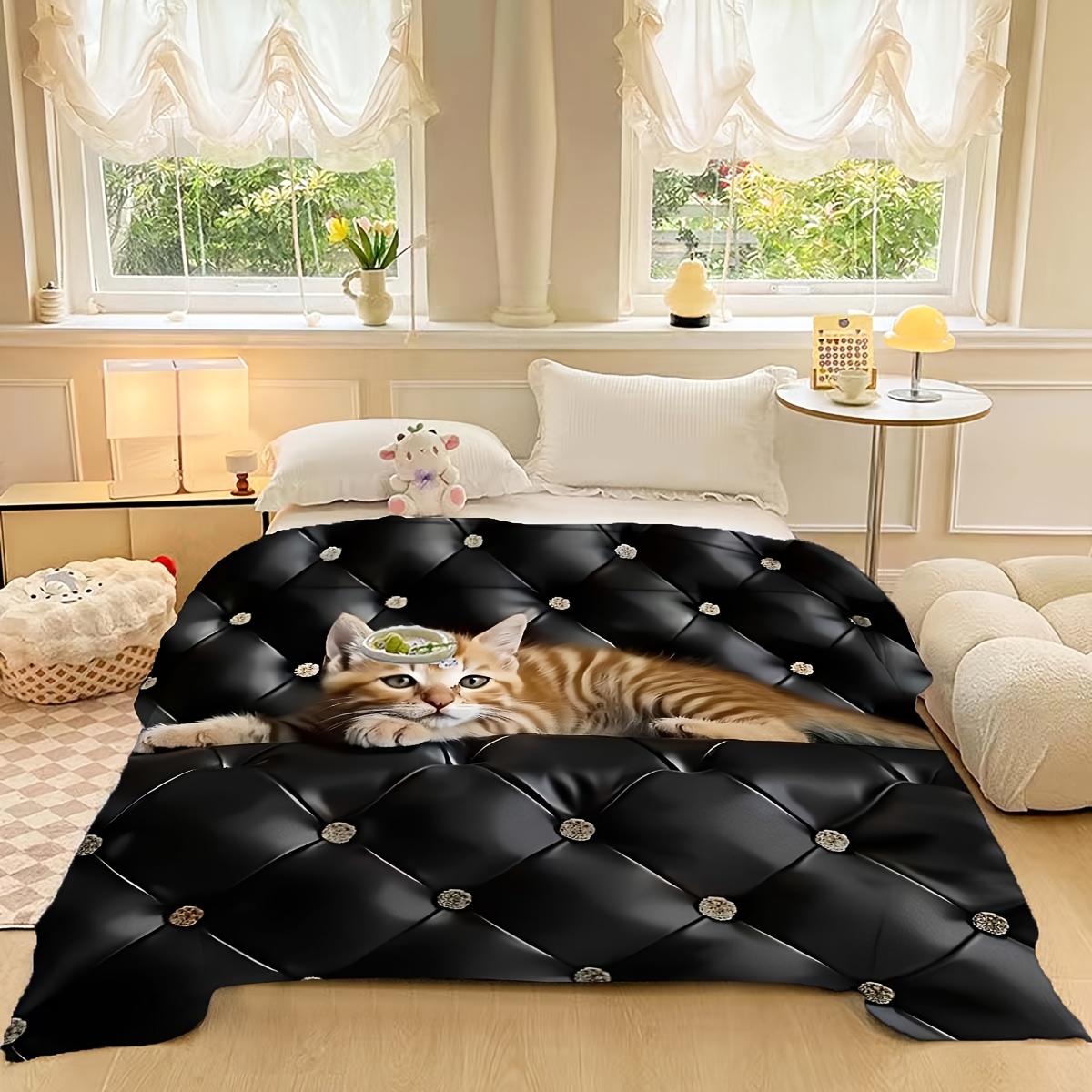 

1pc Cat Flannel Bedspread, Contemporary , & Hypoallergenic, Washable, Knit, 180-200gsm, Theme Bedding