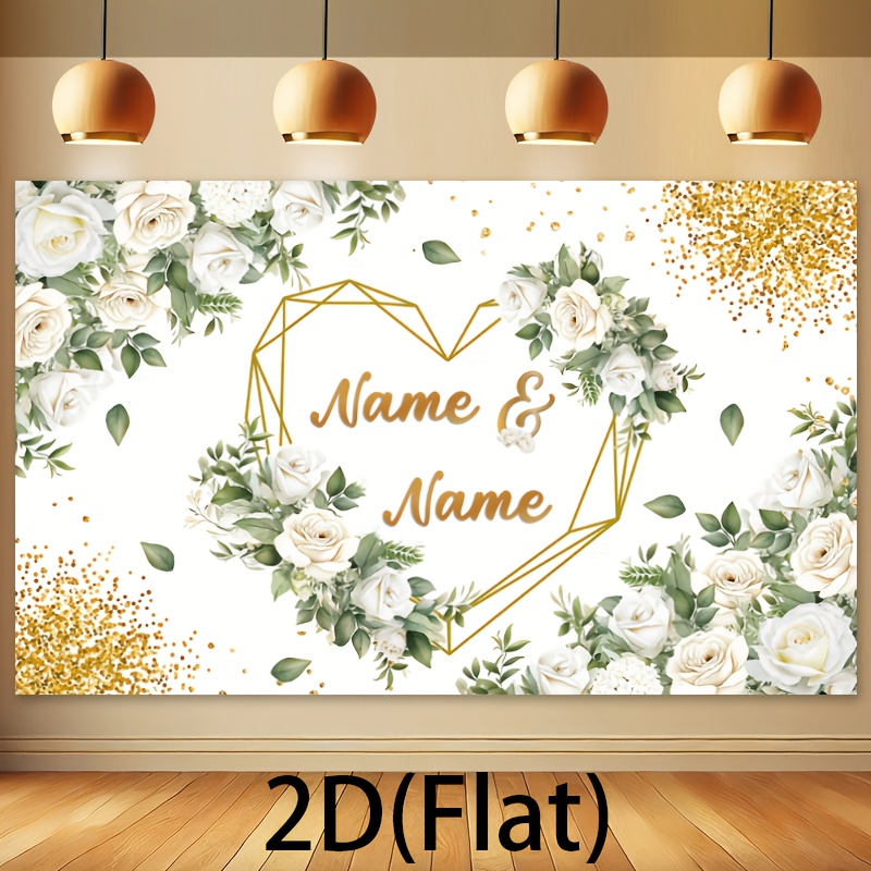 2d Flat, 2d Flat - 2d Flat, 2d Flat - 2d [custom] 1pc Large Size Banner Background Cloth With Customizable Name, Elegant White Floral Background With Heart Golden Wire Frame Elements Print
