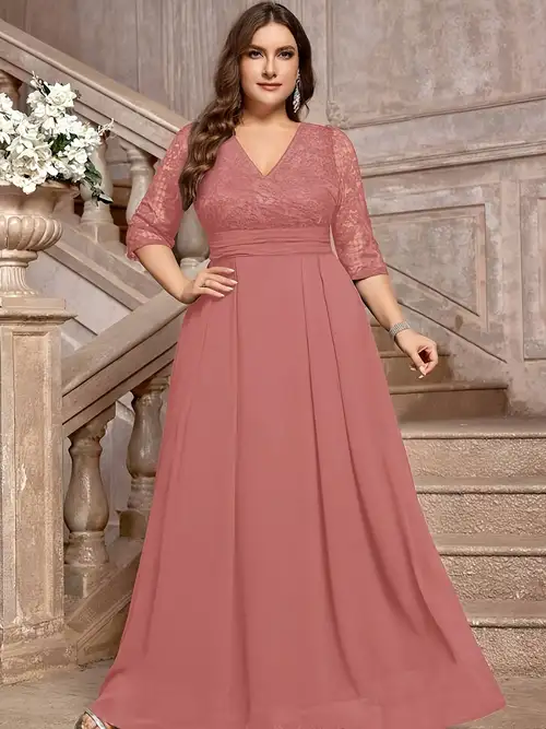 Plus Size - Plus Size - A Formal Party Dress Featuring a V-Neck with Floral Lace And Contrasting Chiffon Embroidery at The Waist * Elegant Balls, Banquets, Graduation Ceremonies, Homecoming Events, ... Plus Size - Plus Size - A Formal Party Dress Featuring a V-Neck with Floral Lace And Contrasting Chiffon Embroidery at The Waist * Elegant Balls, Banquets, Graduation Ceremonies, Homecoming Events, ...