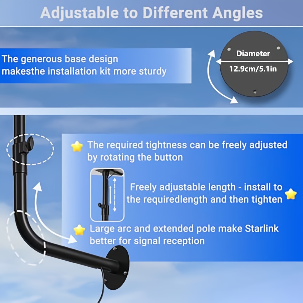 Support Starlink Gen 3 Mur/Toit 65cm - Compatible Antenne V3 - Kit Montage Réglable