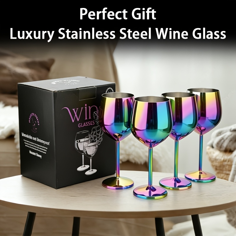 Image of Set Of Colorful Stainless Steel Wine Glasses | Large Capacity, Stemmed, With Elegant Gift Box, Thick Base For Stability, Ideal For Occasions And Gifting