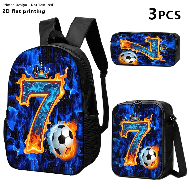 TEMU Printed Design-not Textured 1pc/2pcs/3pcs 2d Printed Flame Soccer Theme Backpack, Lunch Bag, Storage Bag. '7' And Soccer Elements. Ideal For