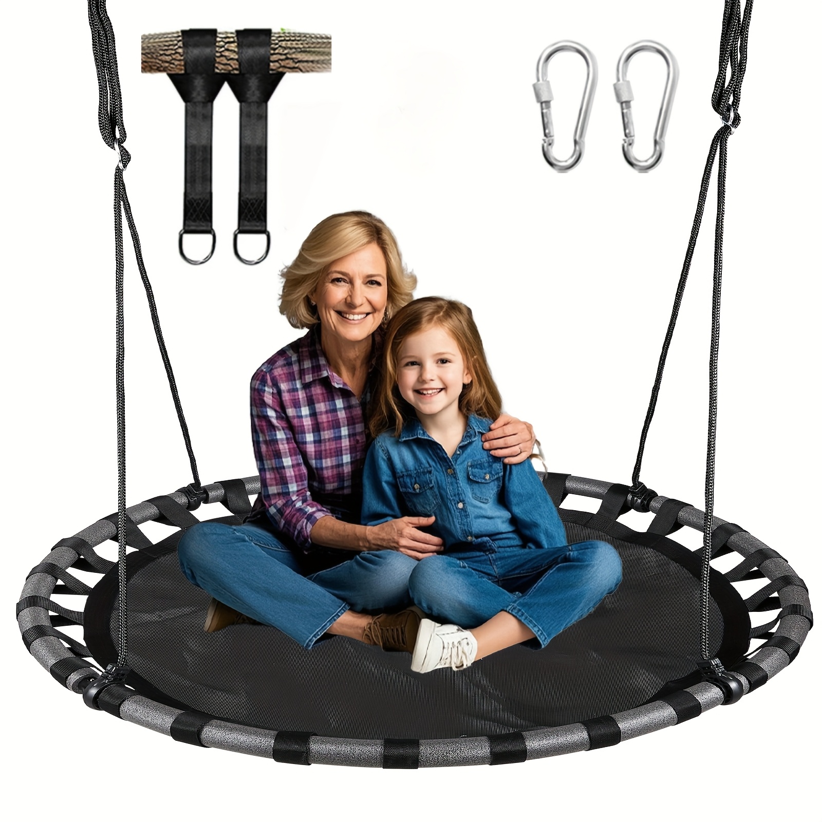 TEMU 43-50" Saucer For Children, Waterproof Flying Saucer Swing With Swivel, Hanging Straps, Adjustable Ropes, Round Mat Spinner Swing For Tree/swing Set