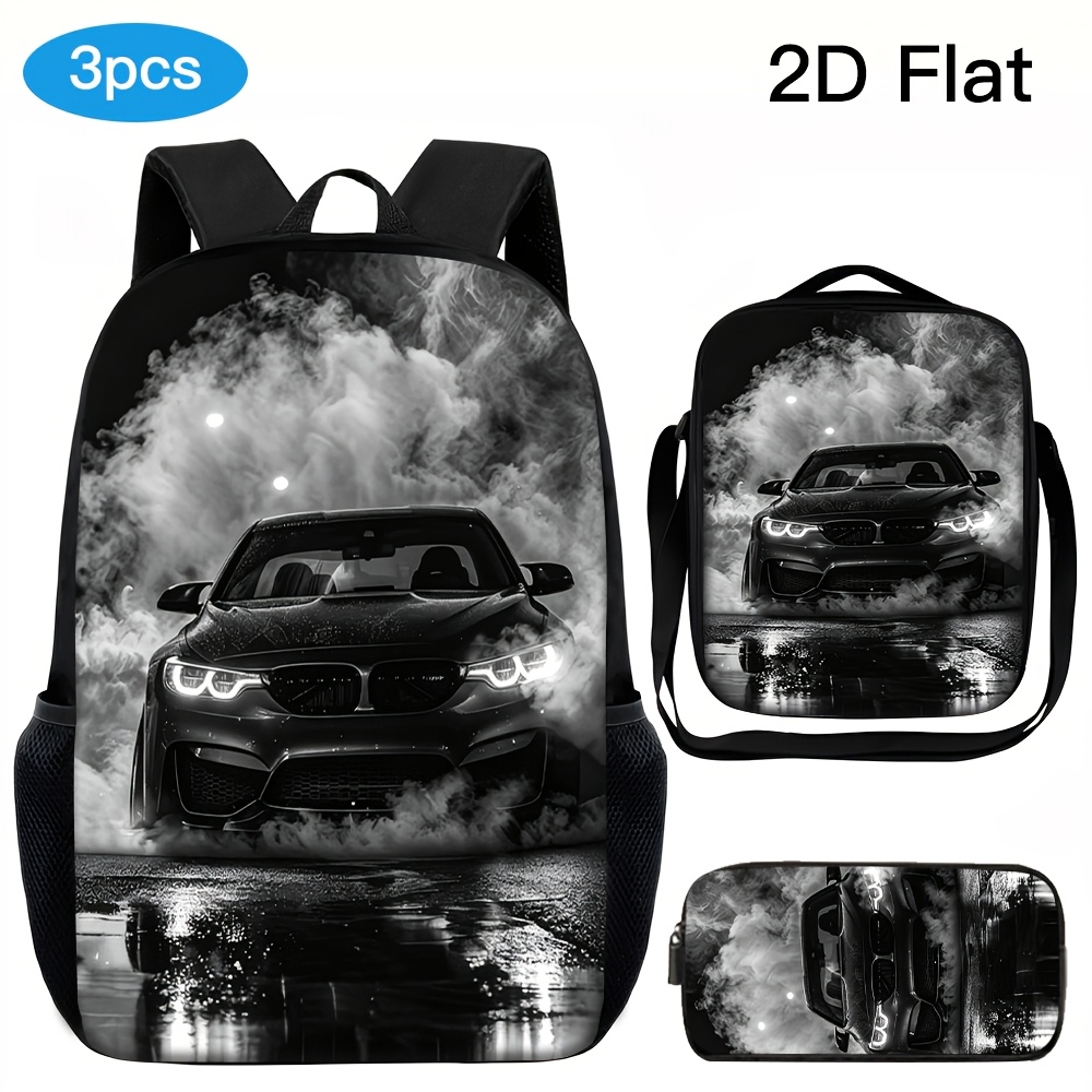 TEMU 3pcs Unisex Large-capacity Backpack Set, Featuring A Cool Motorcycle Style With A Black And White Smoke Sports Car 2d Printed Pattern. Includes