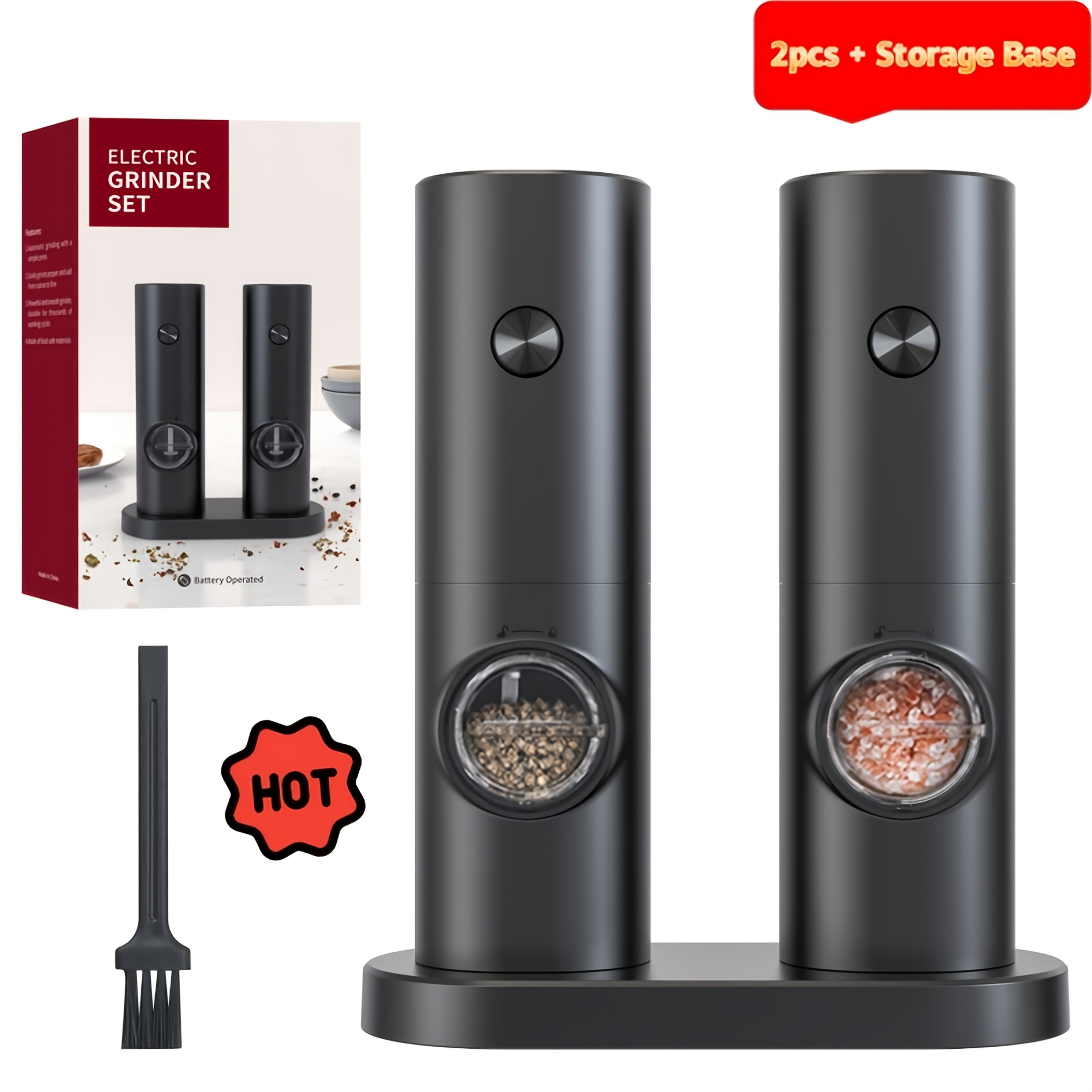 Image of Electric Salt And Pepper Grinder, In Single And Options. Includes Base, Battery-powered (batteries Not Included), Adjustable Grind Coarseness, One-handed Automatic Operation, For Convenient