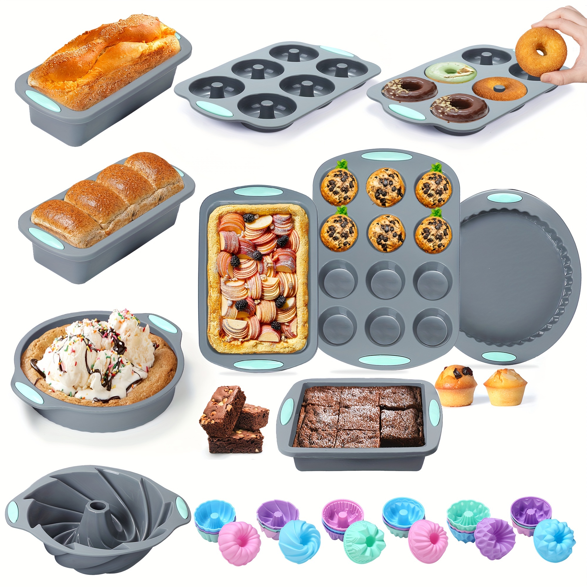 50pcs 45pcs silicone bakeware set non stick kitchen oven baking pans silicone cake molds with muffin pan   baking sheet cake pan donut pan and loaf pan with 24 pack silicone baking cups 17pcs measuring cups and spoons set Product details 2
