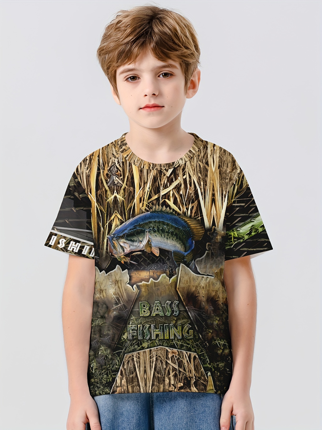 BASS FISHING 3d Print Boy's T-shirt, Kids Casual Short Sleeve Breathable  Comfortable Summer Outdoor Top